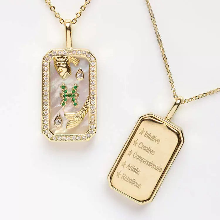 Necklace with Rectangle Inlaid Diamond 18K Gold Plated Zodiac Signs Horoscope Icon Pendant