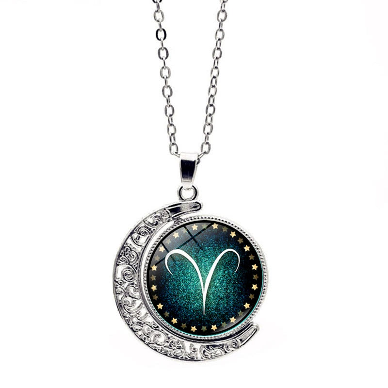 Necklace Green Moon Time Gem Zodiac Sign Necklace with Horoscope Pendant