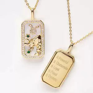 Necklace with Rectangle Inlaid Diamond 18K Gold Plated Zodiac Signs Horoscope Icon Pendant