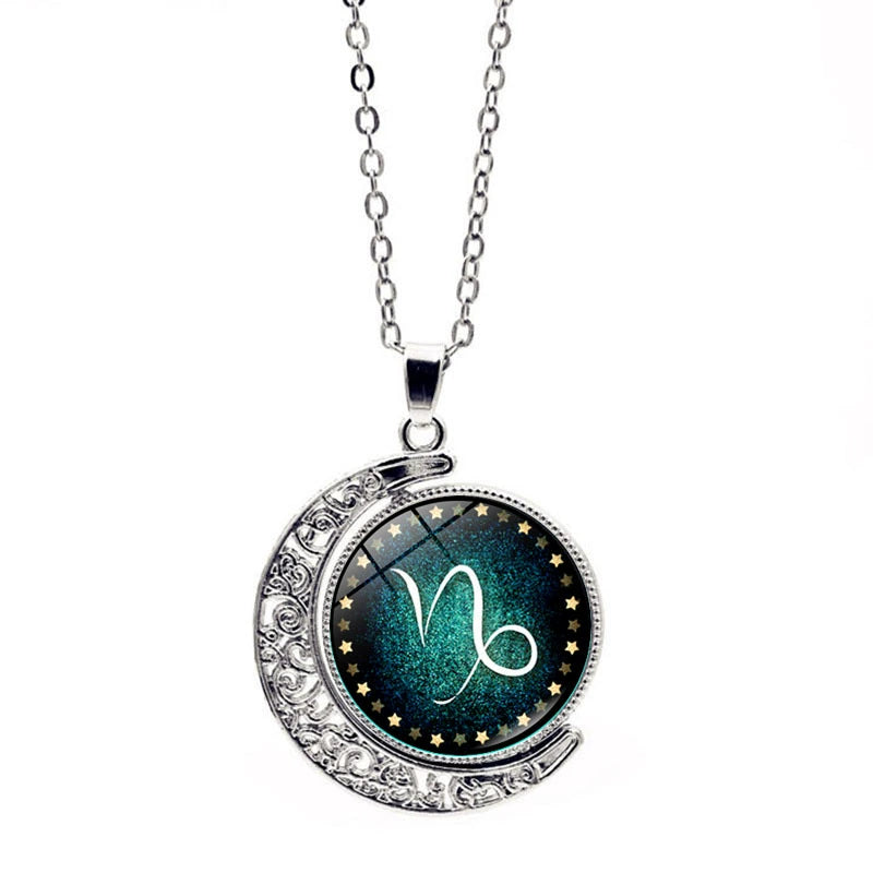 Necklace Green Moon Time Gem Zodiac Sign Necklace with Horoscope Pendant