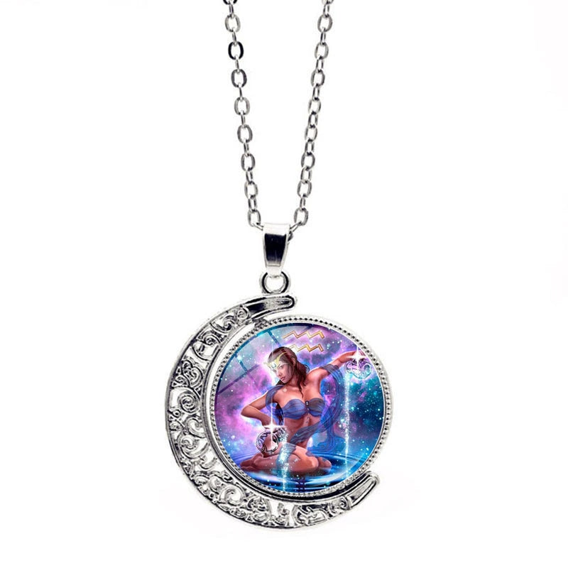 Necklace Moon Time Gem Zodiac Sign Necklace with Colorful Horoscope Pendant