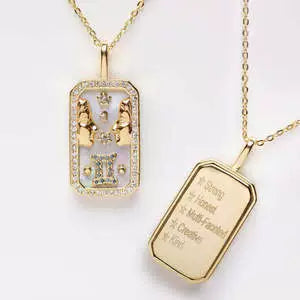Necklace with Rectangle Inlaid Diamond 18K Gold Plated Zodiac Signs Horoscope Icon Pendant