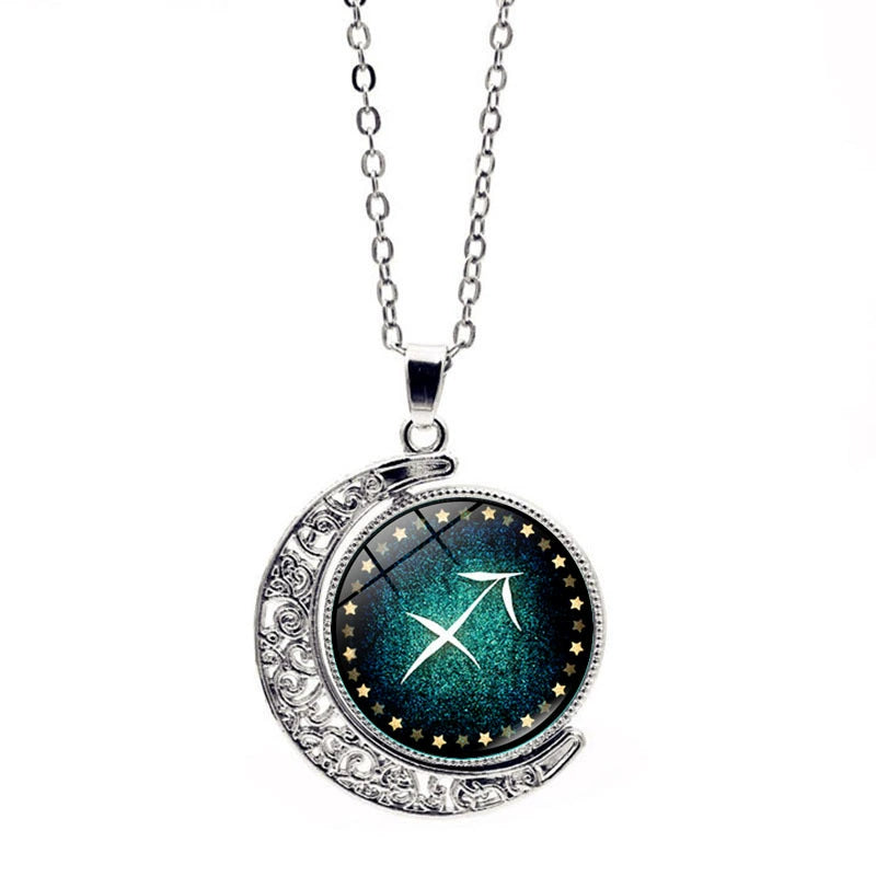 Necklace Green Moon Time Gem Zodiac Sign Necklace with Horoscope Pendant