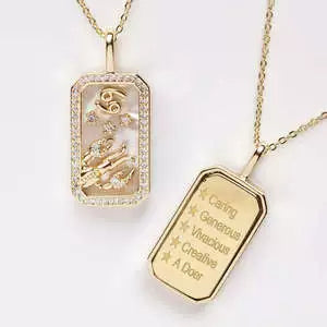 Necklace with Rectangle Inlaid Diamond 18K Gold Plated Zodiac Signs Horoscope Icon Pendant