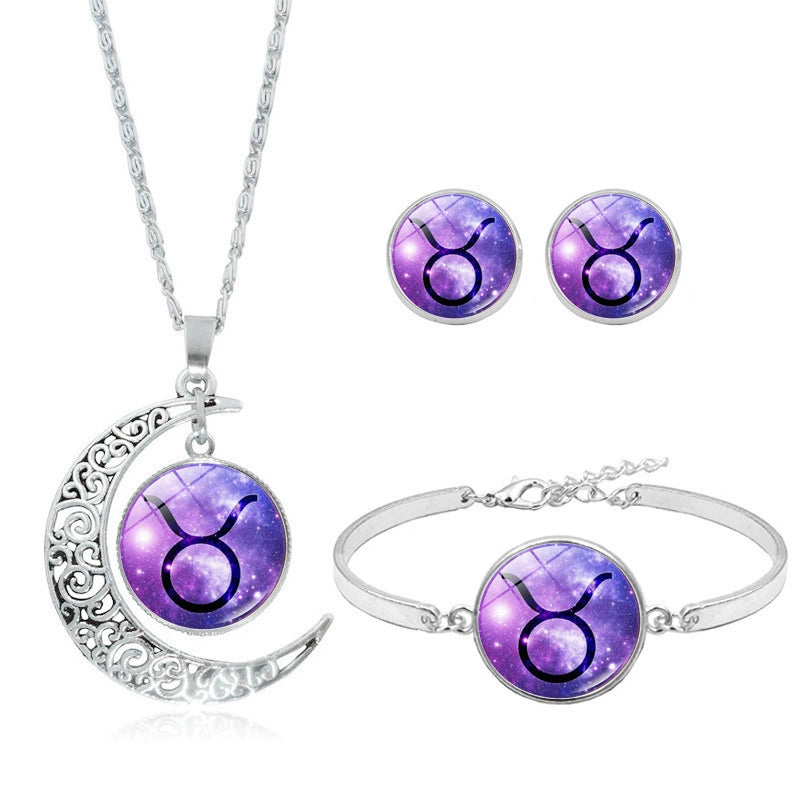 Necklace Bracelet and Earrings Set with Zodiac Signs Colorful Horoscope Icon