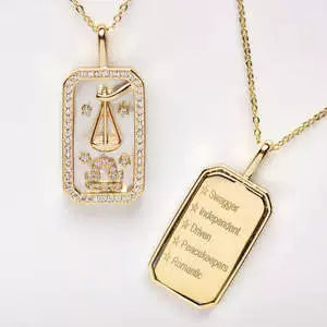 Necklace with Rectangle Inlaid Diamond 18K Gold Plated Zodiac Signs Horoscope Icon Pendant