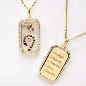 Necklace with Rectangle Inlaid Diamond 18K Gold Plated Zodiac Signs Horoscope Icon Pendant