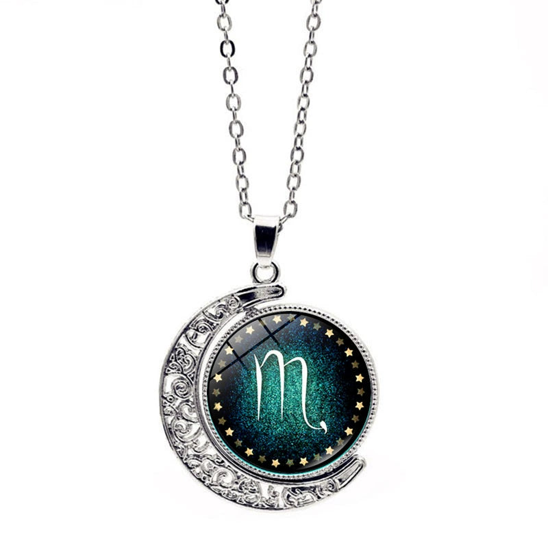 Necklace Green Moon Time Gem Zodiac Sign Necklace with Horoscope Pendant