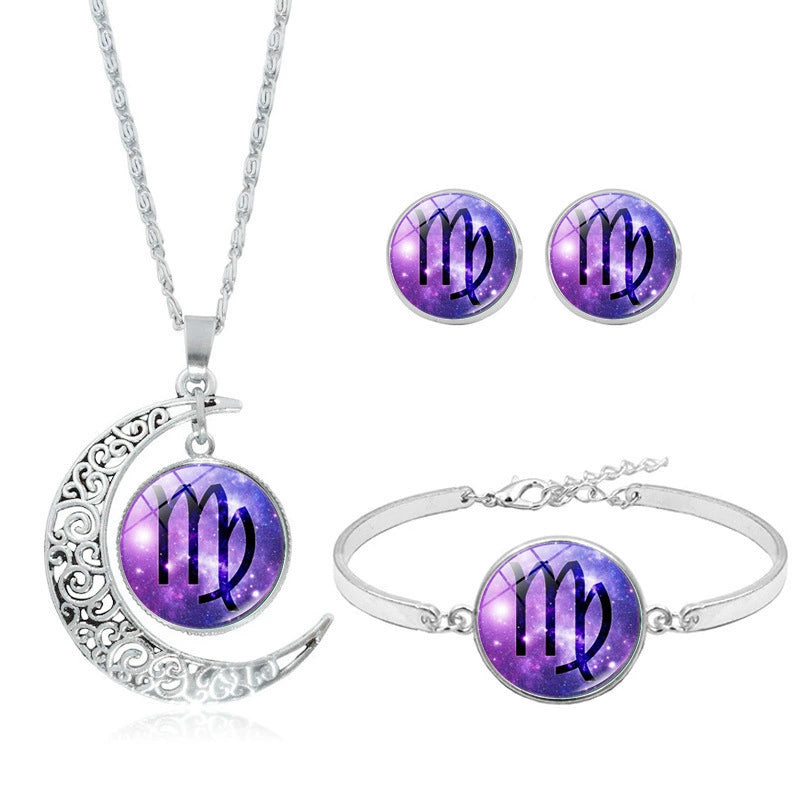 Necklace Bracelet and Earrings Set with Zodiac Signs Colorful Horoscope Icon