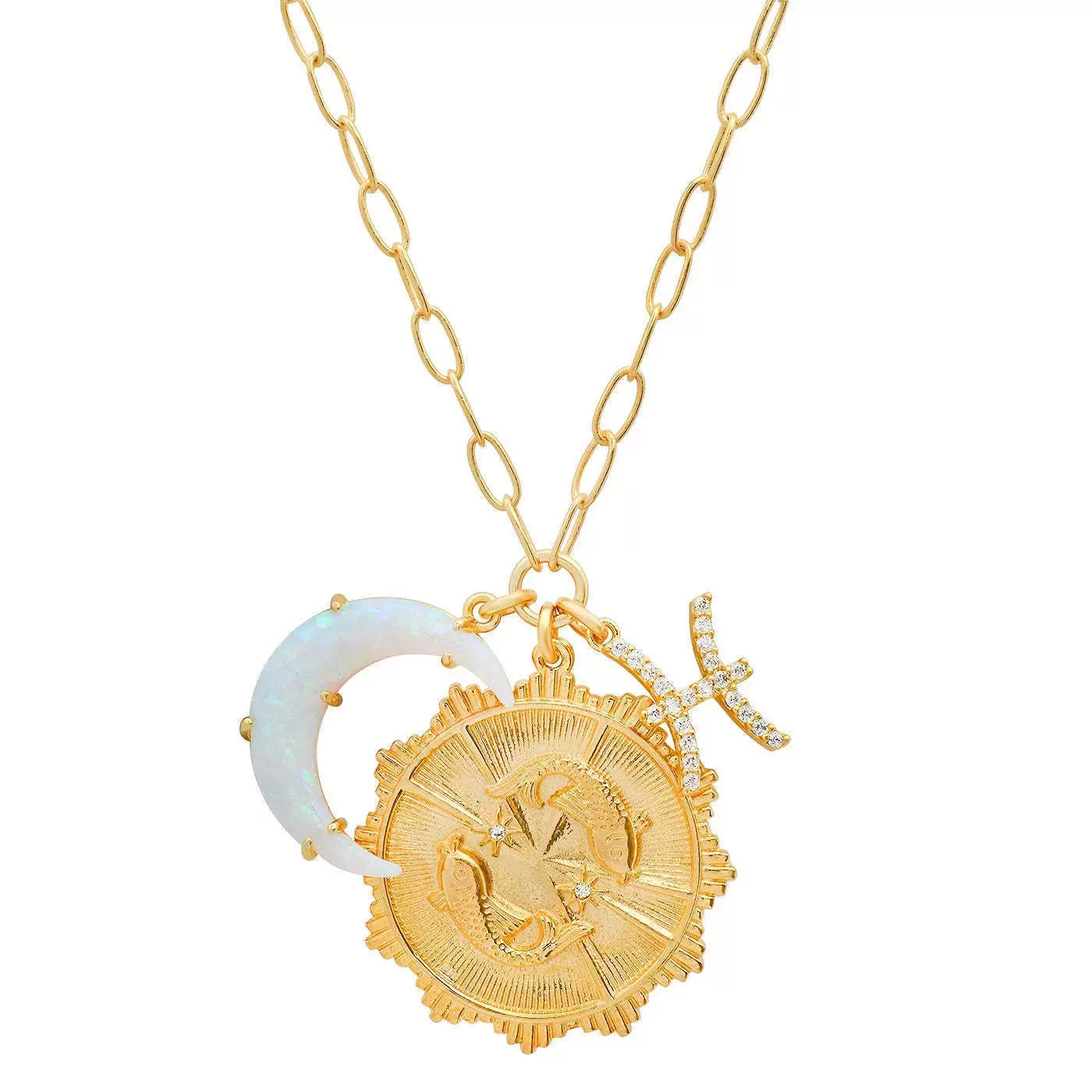 Necklace Clavicle Chain with Moon Stone and Round Inlaid Diamond Pendant