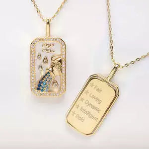 Necklace with Rectangle Inlaid Diamond 18K Gold Plated Zodiac Signs Horoscope Icon Pendant