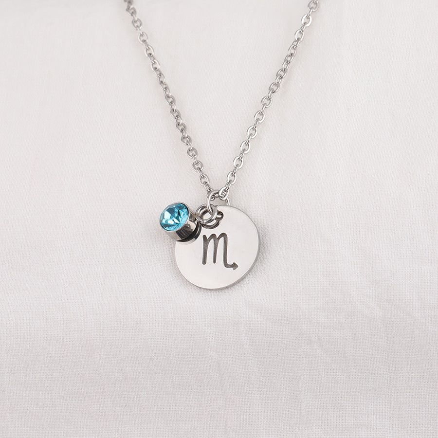 Stainless Steel Necklace with Zodiac Sign Pendant and Birthstone