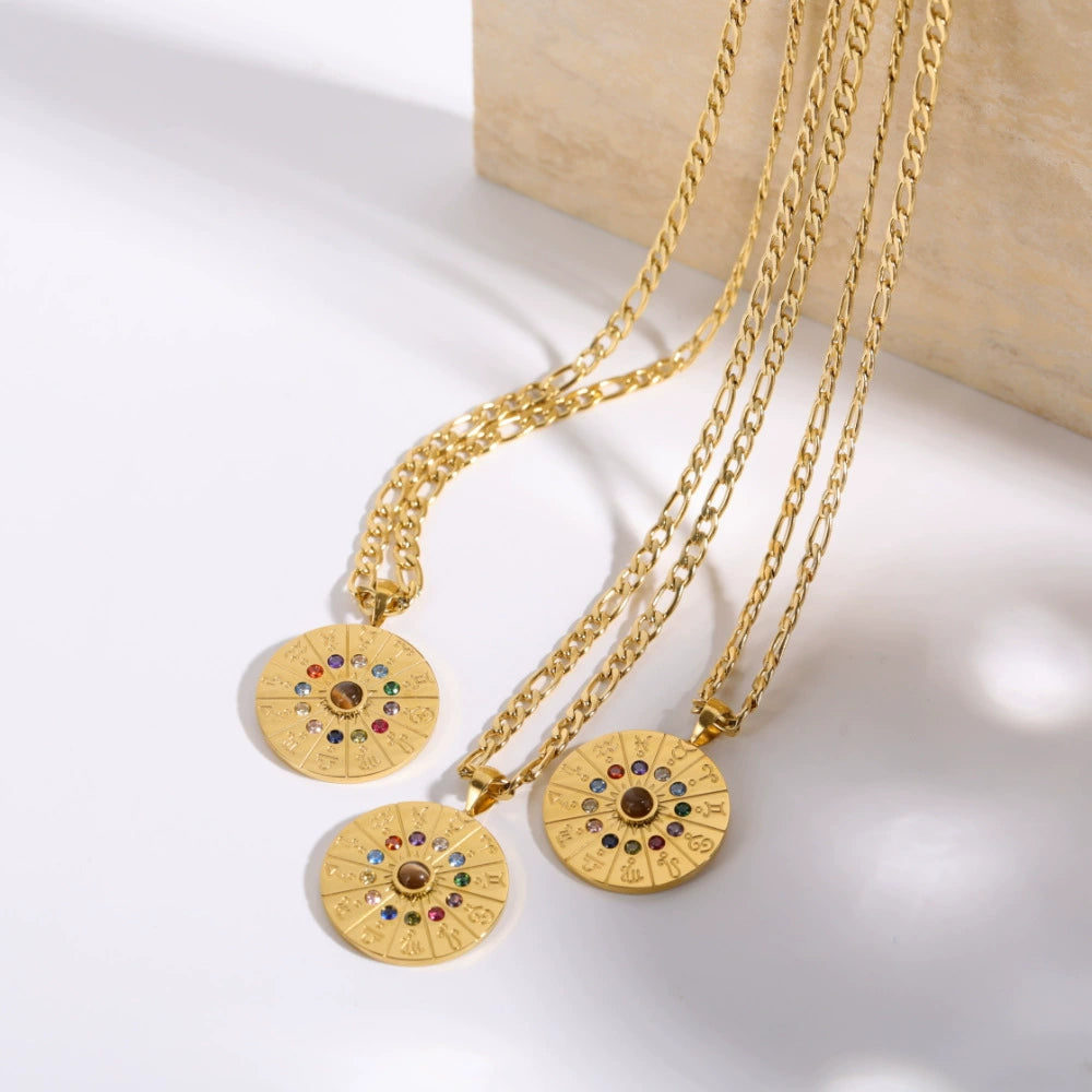 Necklace with Round Tarot Card Pendant with 12 Zodica Signs and 12 Birth Stones