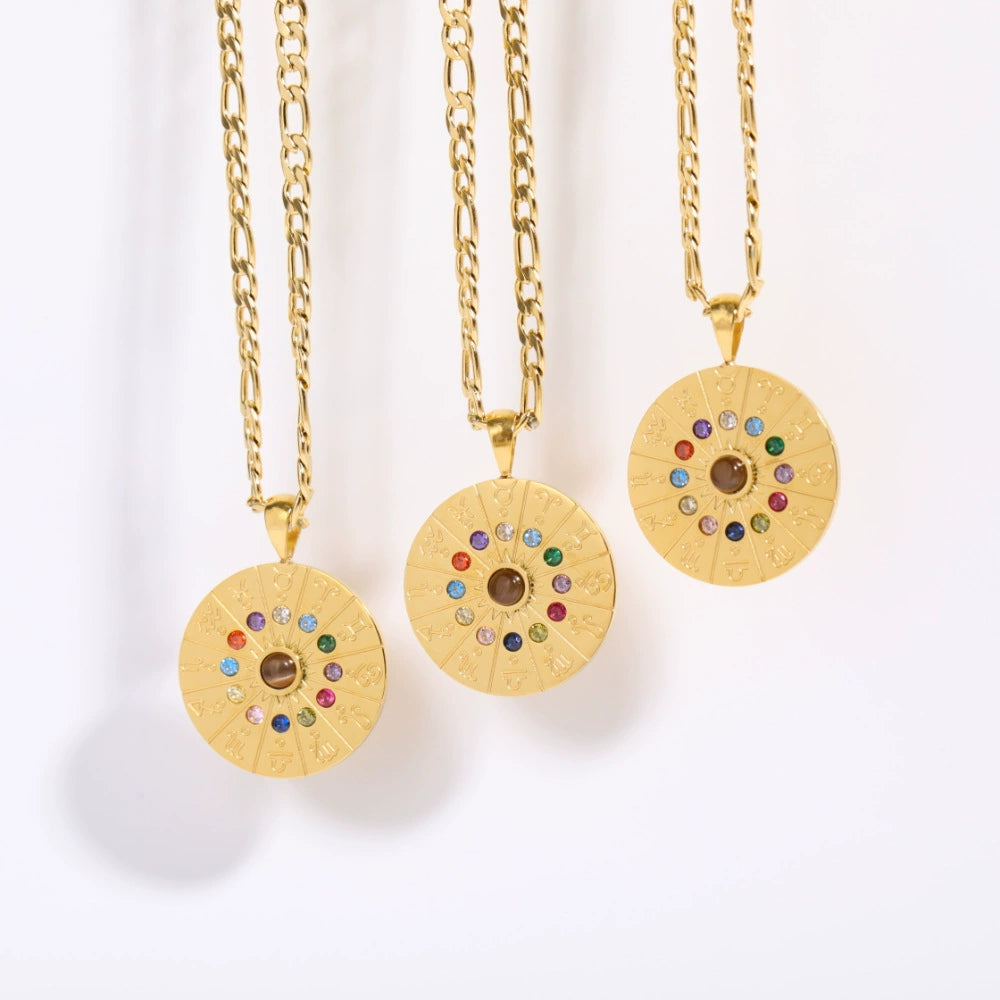 Necklace with Round Tarot Card Pendant with 12 Zodica Signs and 12 Birth Stones