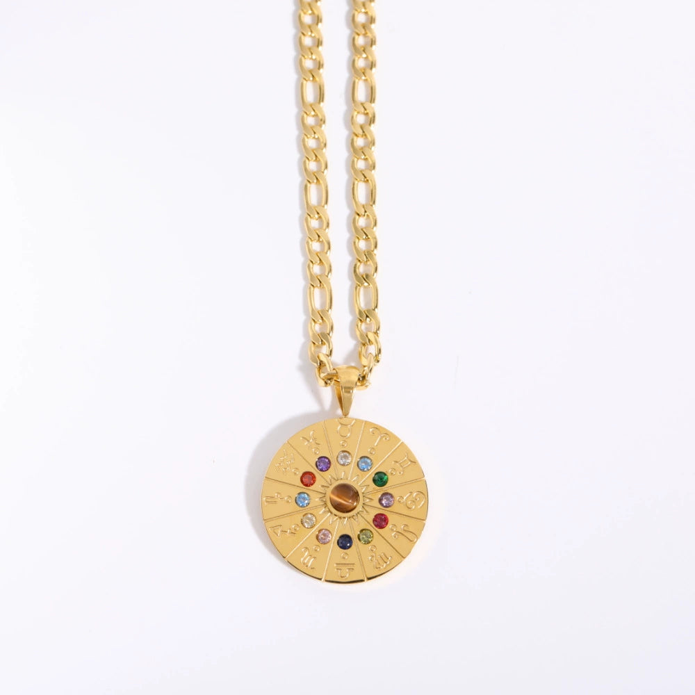 Necklace with Round Tarot Card Pendant with 12 Zodica Signs and 12 Birth Stones