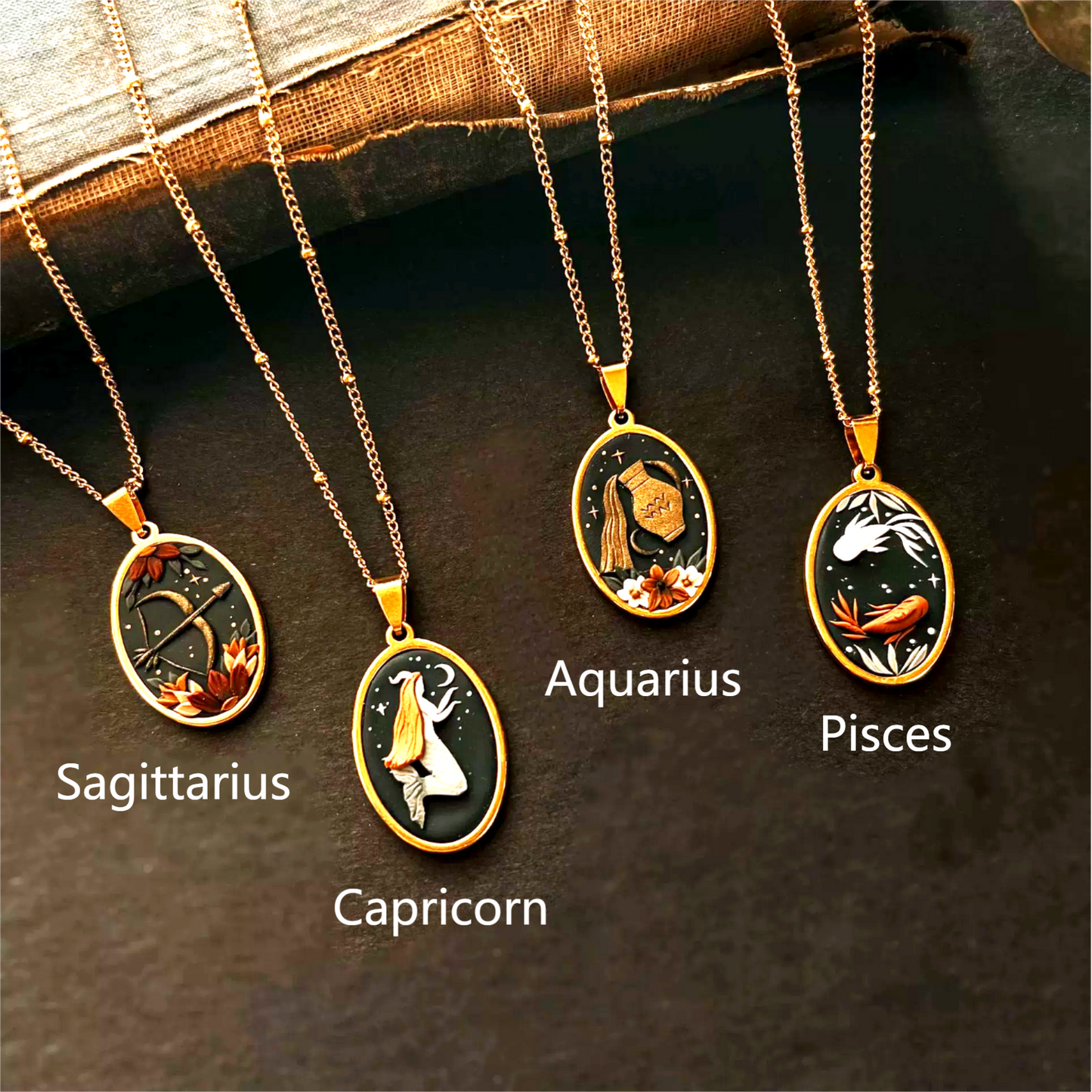 Necklace with Vintage Oval Zodiac Signs Icon Pendant