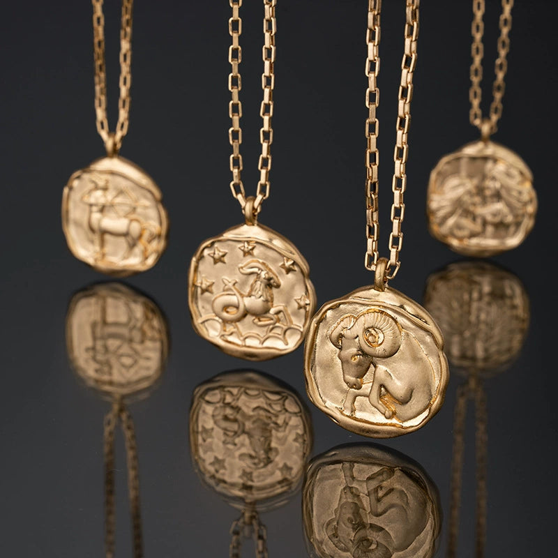 Necklace with Round 18K Gold Plated Zodiac Signs Horoscope Icon Pendant