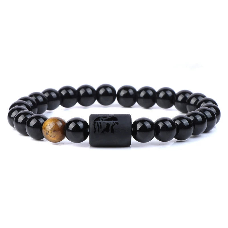 Handmade Natural Gemstone Black Obsidian & Tiger's Eye Zodiac Sign Bracelet