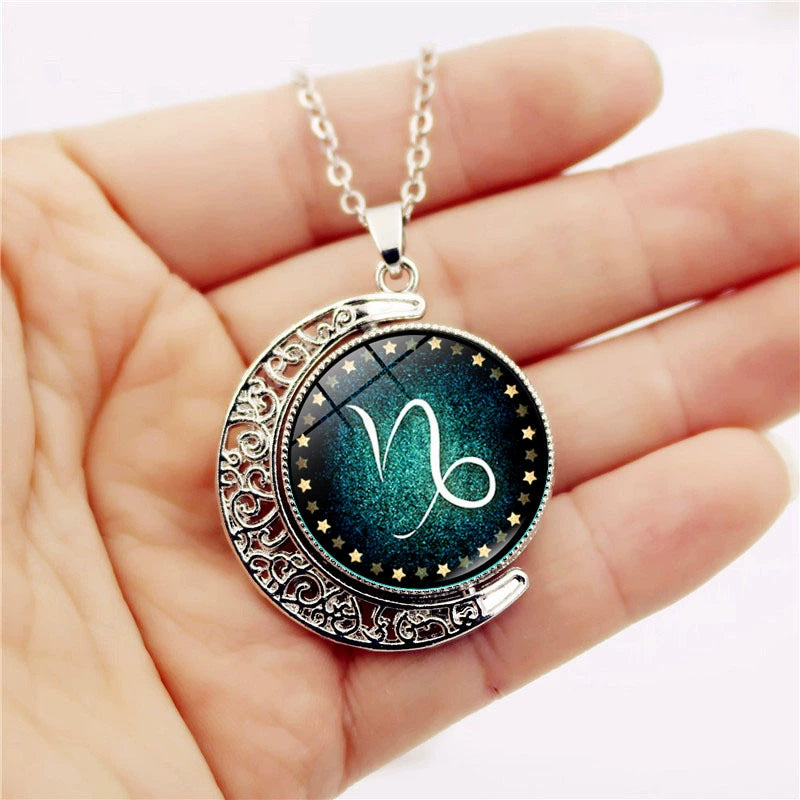 Necklace Green Moon Time Gem Zodiac Sign Necklace with Horoscope Pendant