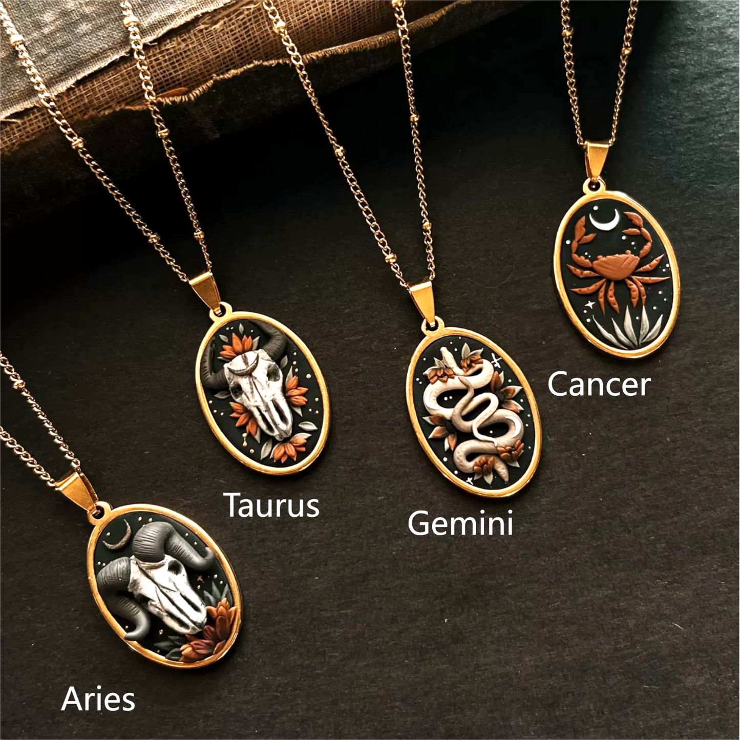 Necklace with Vintage Oval Zodiac Signs Icon Pendant