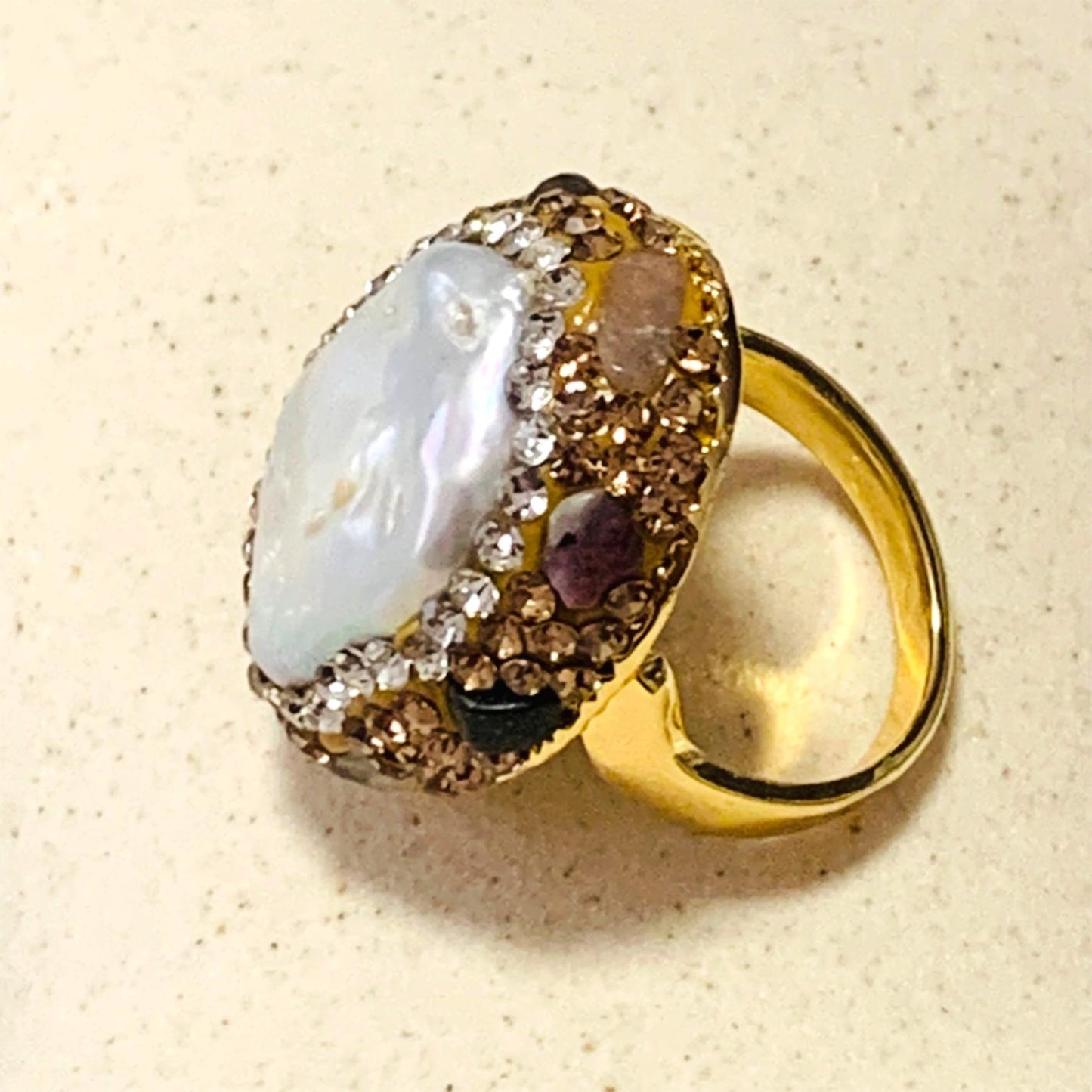 Gold Plated Inlaid Rhinestone with Baroque Natural Pearl Open Ring