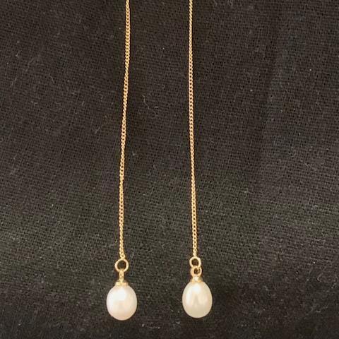 Gold Plated White Natural Pearl Long Drop Earrings