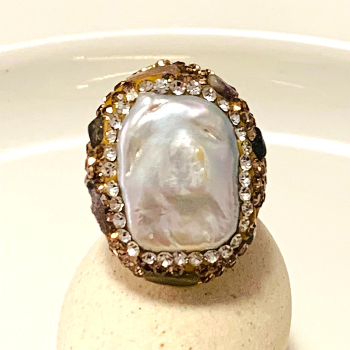 Gold Plated Inlaid Rhinestone with Baroque Natural Pearl Open Ring