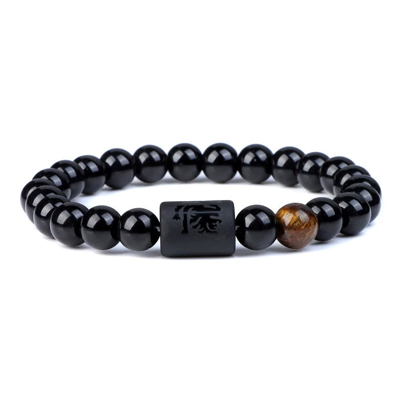 Handmade Natural Gemstone Black Obsidian & Tiger's Eye Zodiac Sign Bracelet