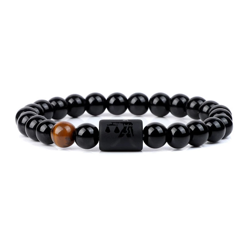 Handmade Natural Gemstone Black Obsidian & Tiger's Eye Zodiac Sign Bracelet