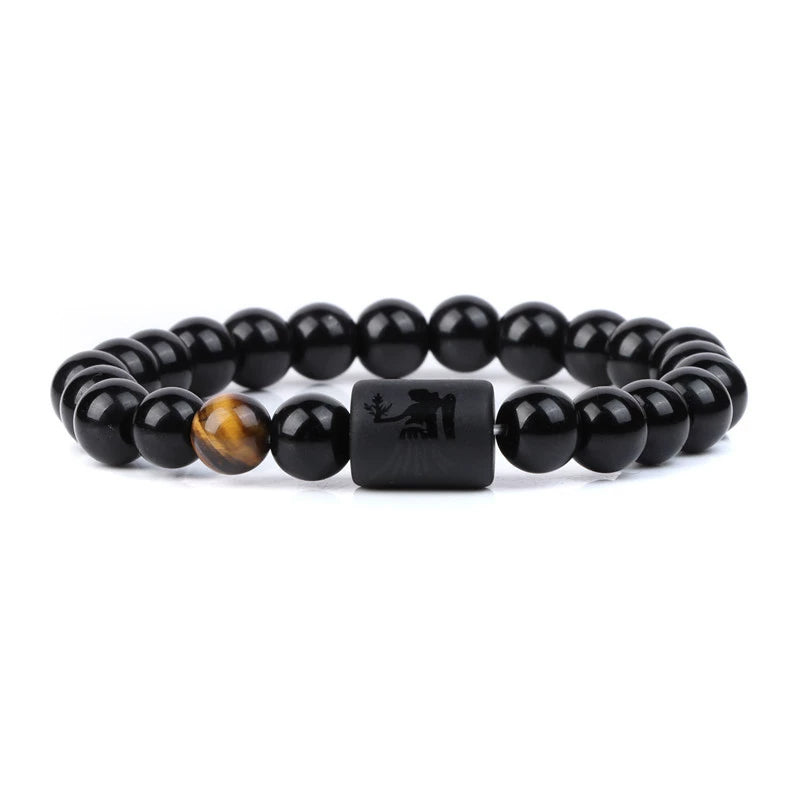 Handmade Natural Gemstone Black Obsidian & Tiger's Eye Zodiac Sign Bracelet