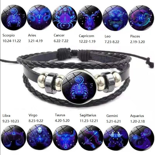 Handmade Multilayer Leather Wrap Zodiac Sign Vintage Spirit Bracelet for Couple