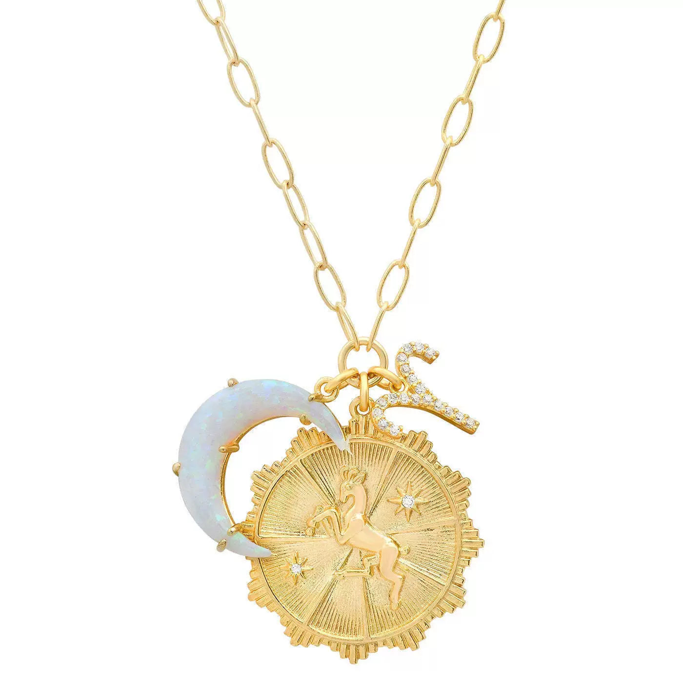 Necklace Clavicle Chain with Moon Stone and Round Inlaid Diamond Pendant