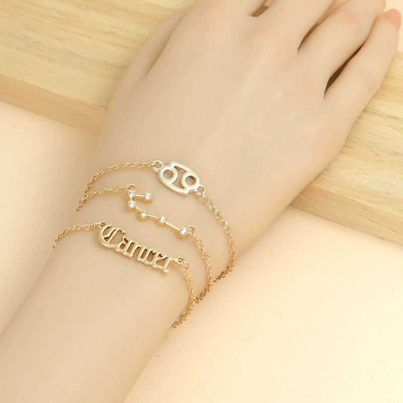 Gold Plated Zodiac Signs Star & Constellation & Letter Triple Bracelet