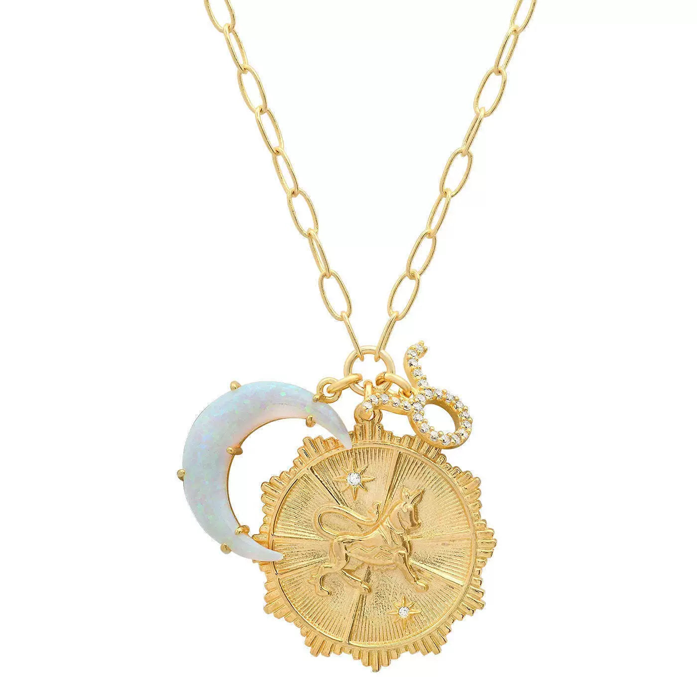 Necklace Clavicle Chain with Moon Stone and Round Inlaid Diamond Pendant