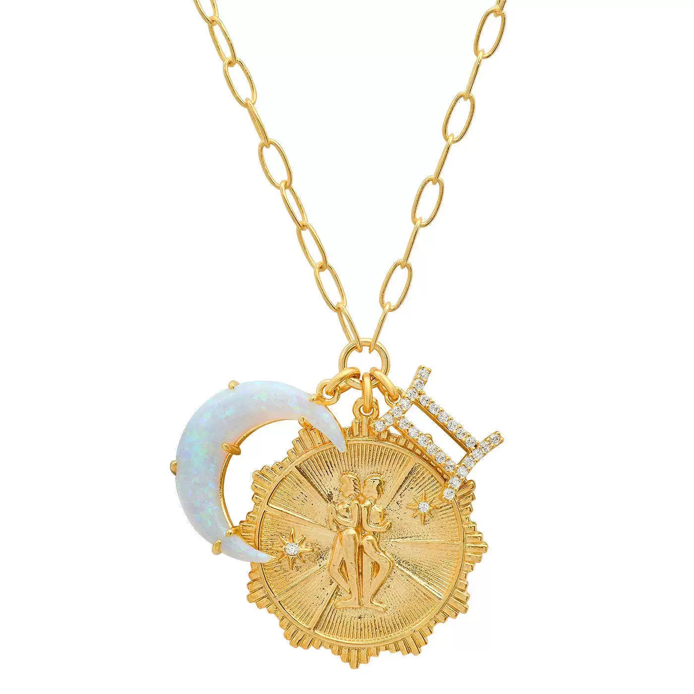 Necklace Clavicle Chain with Moon Stone and Round Inlaid Diamond Pendant