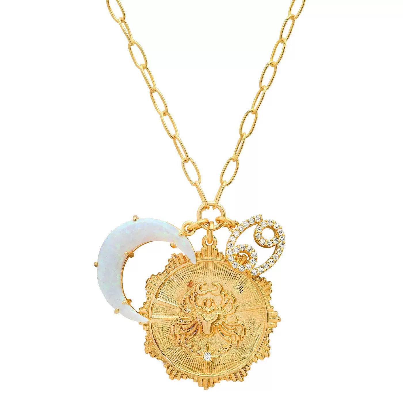 Necklace Clavicle Chain with Moon Stone and Round Inlaid Diamond Pendant