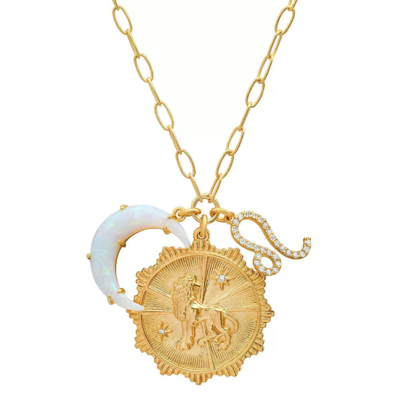 Necklace Clavicle Chain with Moon Stone and Round Inlaid Diamond Pendant