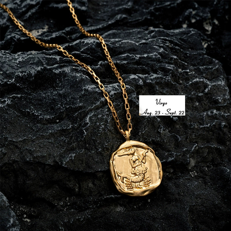 Necklace with Round 18K Gold  Plated Zodiac Signs Horoscope Icon Pendant