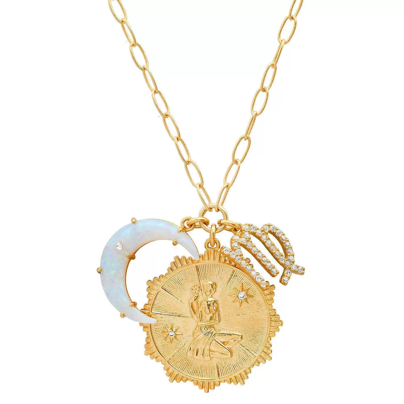 Necklace Clavicle Chain with Moon Stone and Round Inlaid Diamond Pendant