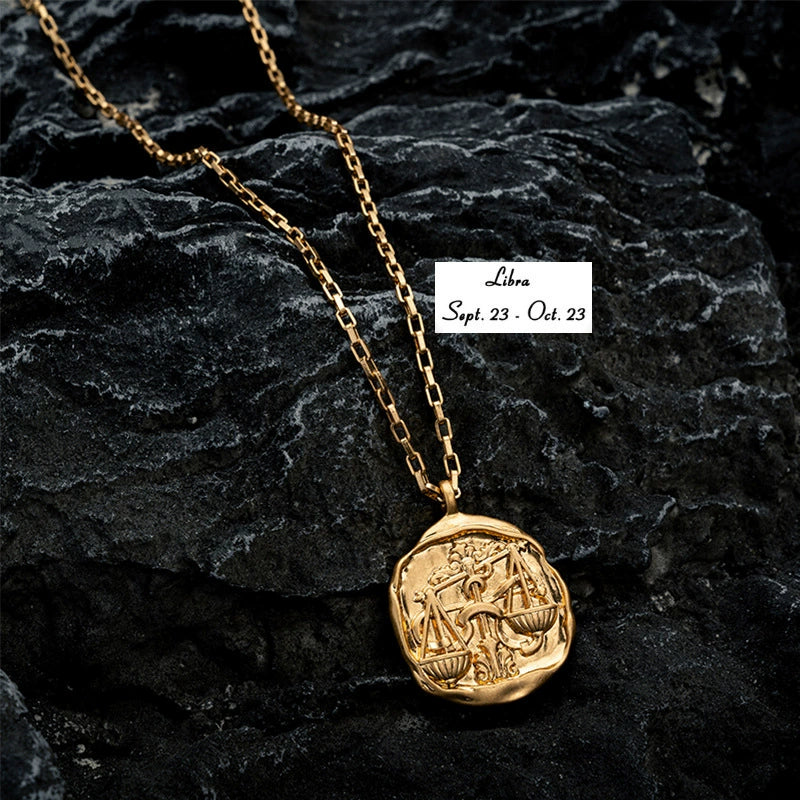 Necklace with Round 18K Gold  Plated Zodiac Signs Horoscope Icon Pendant