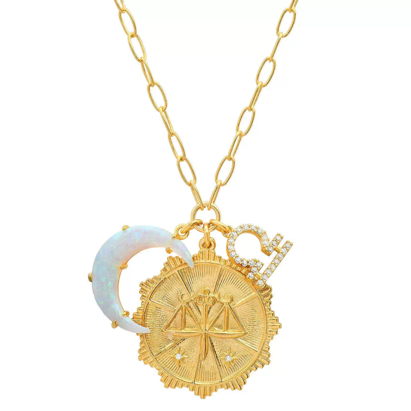 Necklace Clavicle Chain with Moon Stone and Round Inlaid Diamond Pendant