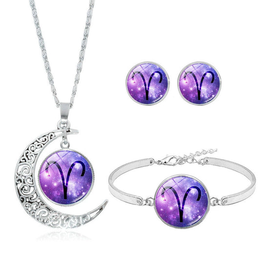 Necklace Bracelet and Earrings Set with Zodiac Signs Colorful Horoscope Icon