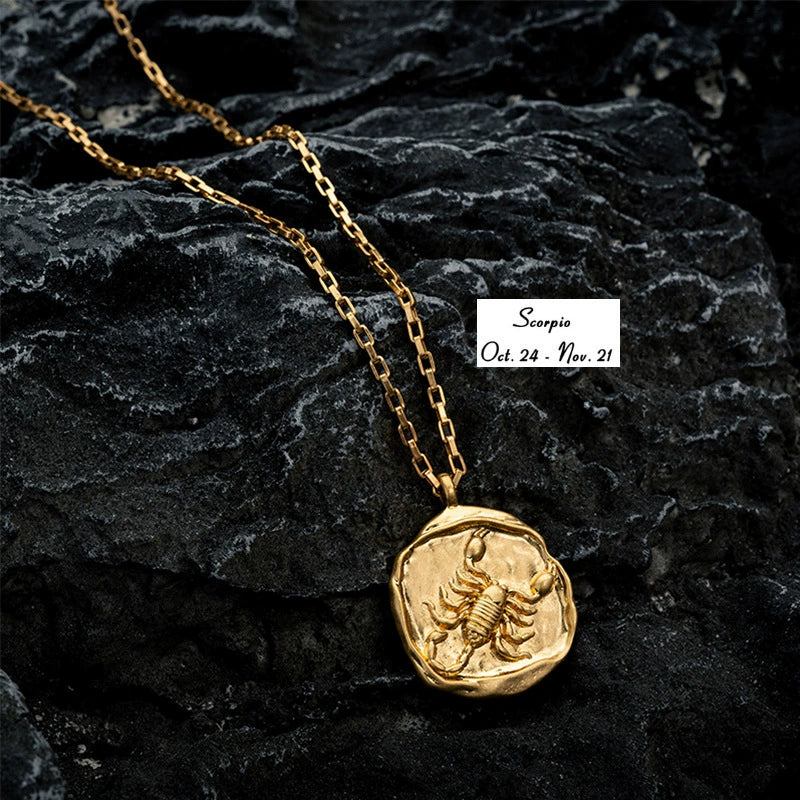 Necklace with Round 18K Gold  Plated Zodiac Signs Horoscope Icon Pendant