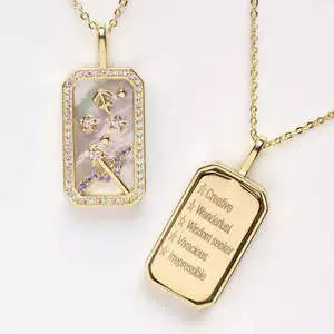 Necklace with Rectangle Inlaid Diamond 18K Gold Plated Zodiac Signs Horoscope Icon Pendant