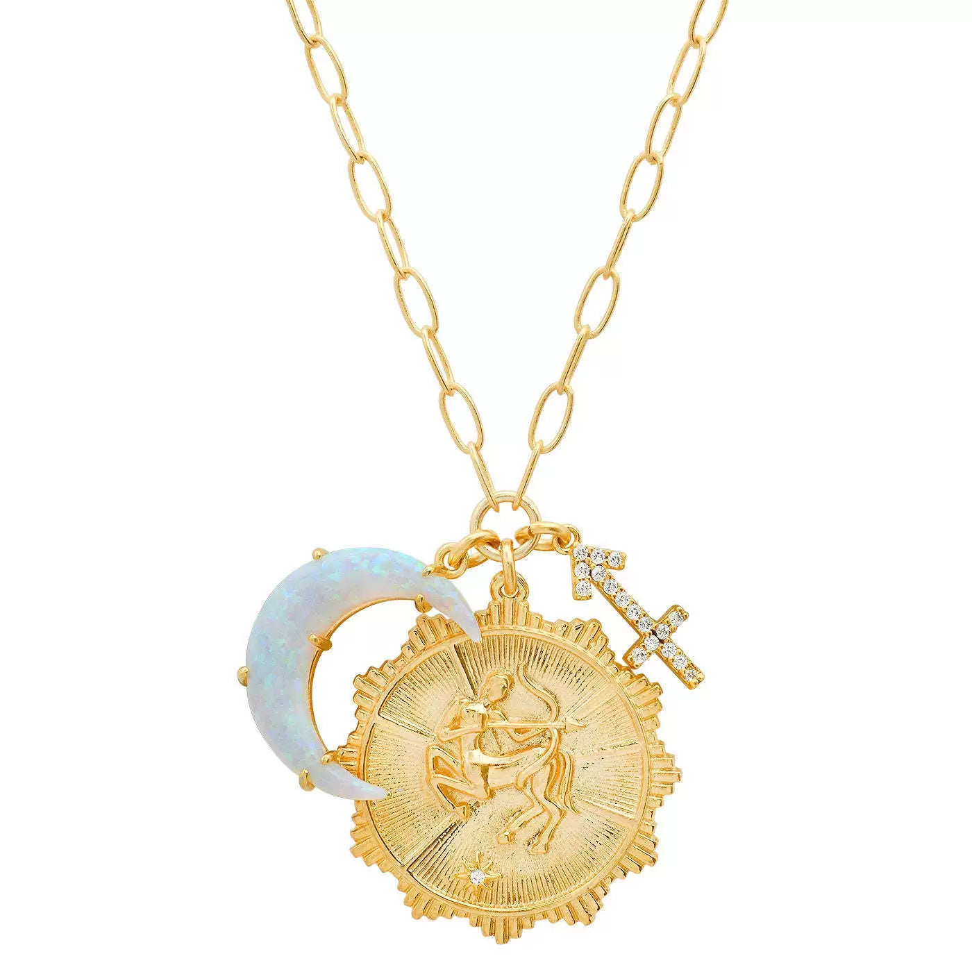 Necklace Clavicle Chain with Moon Stone and Round Inlaid Diamond Pendant