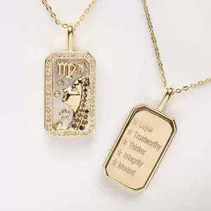 Necklace with Rectangle Inlaid Diamond 18K Gold Plated Zodiac Signs Horoscope Icon Pendant