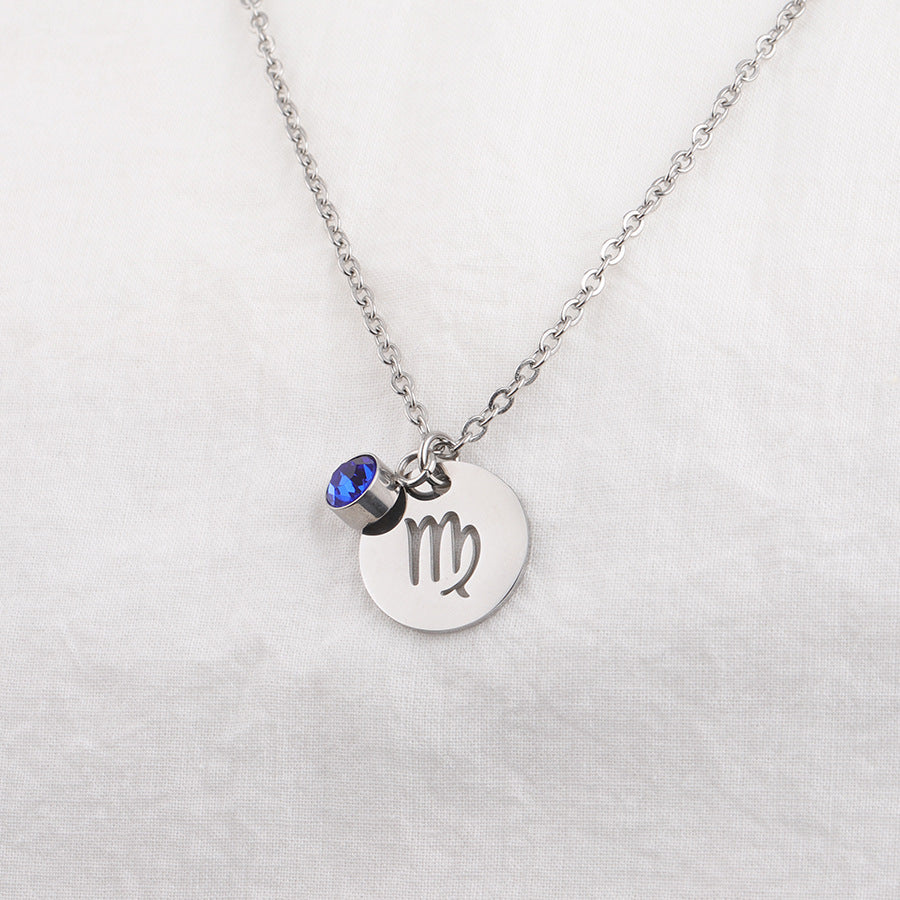 Stainless Steel Necklace with Zodiac Sign Pendant and Birthstone