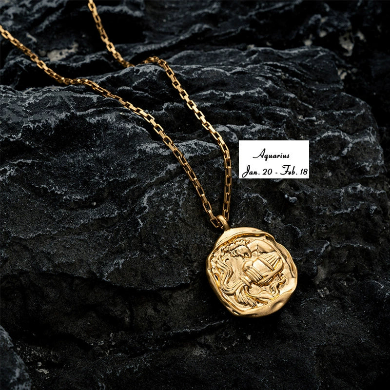 Necklace with Round 18K Gold  Plated Zodiac Signs Horoscope Icon Pendant