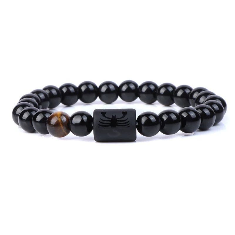 Handmade Natural Gemstone Black Obsidian & Tiger's Eye Zodiac Sign Bracelet