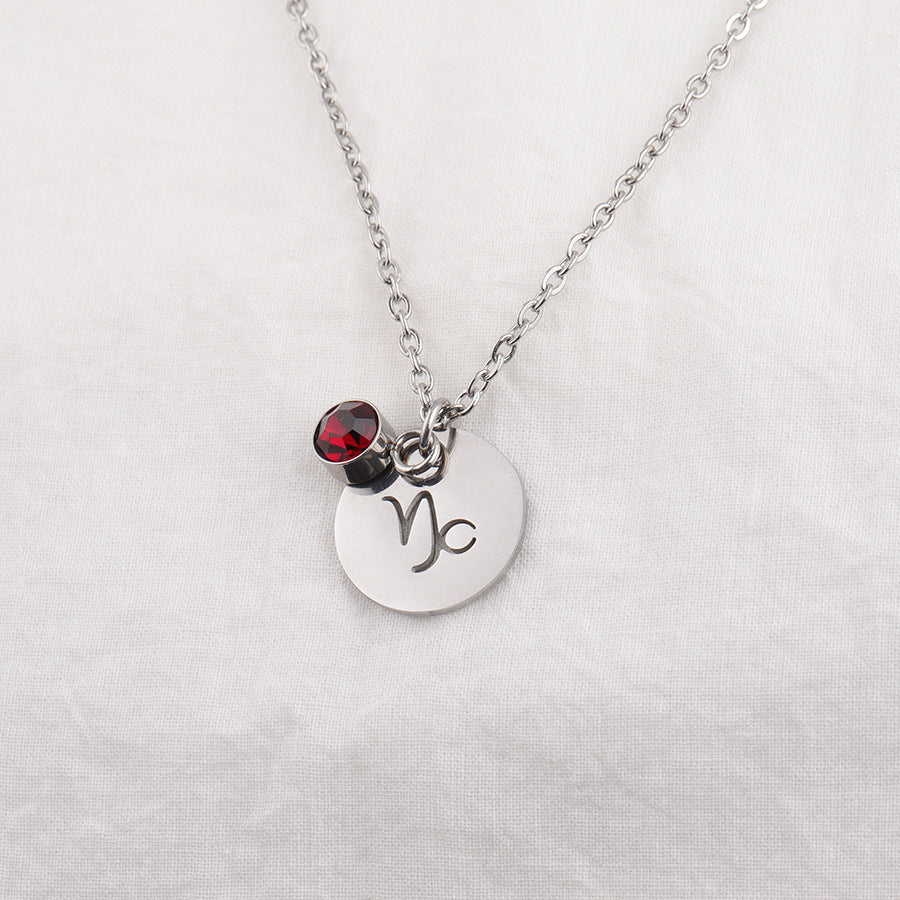 Stainless Steel Necklace with Zodiac Sign Pendant and Birthstone